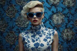 woman with short hair and sunglasses in front of a wall with a blue and white pattern photo