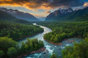un río fluye mediante un bosque con montañas en el antecedentes foto