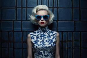 woman with short hair and sunglasses in front of a wall with a blue and white pattern photo