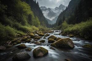 a river flows through a forest with mountains in the background photo