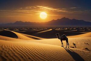 un camello es caminando a través de el Desierto a puesta de sol foto