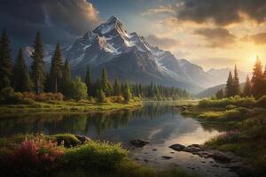 a river flows through a forest with mountains in the background photo