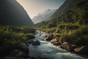 a river flows through a forest with mountains in the background photo