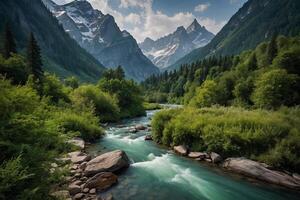 a river flows through a forest with mountains in the background photo