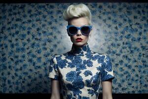 woman with short hair and sunglasses in front of a wall with a blue and white pattern photo