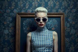 woman with short hair and sunglasses in front of a wall with a blue and white pattern photo