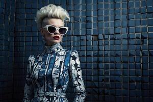 woman with short hair and sunglasses in front of a wall with a blue and white pattern photo