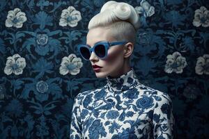 woman with short hair and sunglasses in front of a wall with a blue and white pattern photo