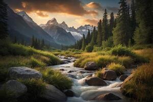 a river flows through a forest with mountains in the background photo