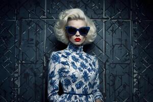 woman with short hair and sunglasses in front of a wall with a blue and white pattern photo