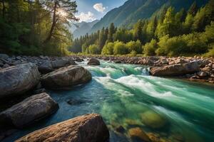 a river flows through a forest with mountains in the background photo