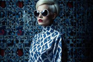 woman with short hair and sunglasses in front of a wall with a blue and white pattern photo