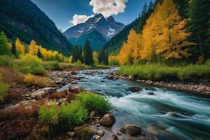 a river flows through a forest with mountains in the background photo