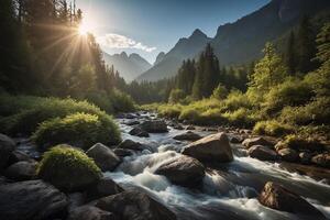 a river flows through a forest with mountains in the background photo