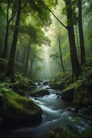 a river flows through a forest with mountains in the background photo