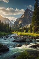 a river flows through a forest with mountains in the background photo