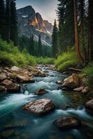 a river flows through a forest with mountains in the background photo