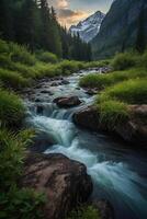 a river flows through a forest with mountains in the background photo