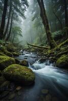 a river flows through a forest with mountains in the background photo