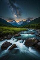 a river flows through a forest with mountains in the background photo