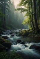 a river flows through a forest with mountains in the background photo