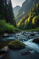 a river flows through a forest with mountains in the background photo