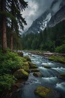 natural paisaje con un río y rápidos en contra un bosque antecedentes foto