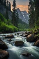 natural landscape with a river and rapids against a forest background photo