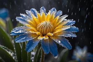 a blue and yellow flower is covered in rain photo