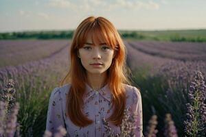 Pelirrojo niña camina mediante un lavanda campo foto