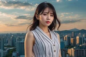 a beautiful young woman standing in front of a cityscape photo