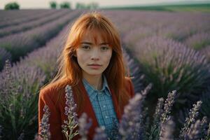 Pelirrojo niña camina mediante un lavanda campo foto