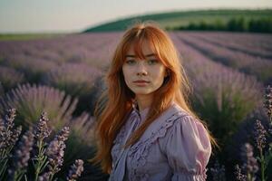 Pelirrojo niña camina mediante un lavanda campo foto