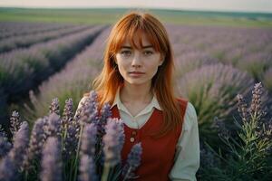 Pelirrojo niña camina mediante un lavanda campo foto