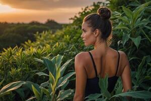 a woman in a one piece swimsuit stands on the beach at sunset photo