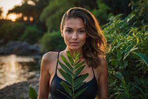 un mujer en un negro traje de baño participación un planta foto