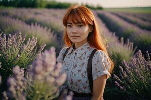 red-haired girl walks through a lavender field photo