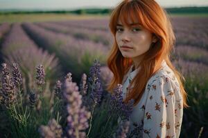 Pelirrojo niña camina mediante un lavanda campo foto