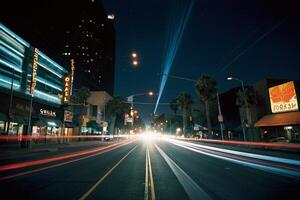 un largo exposición fotografía de un ciudad calle a noche foto