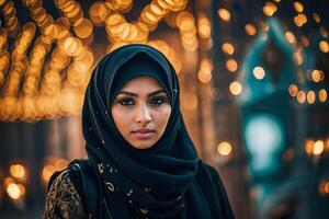 a beautiful woman wearing a black hijab in front of lights photo