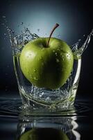 un manzana es salpicaduras dentro el agua foto