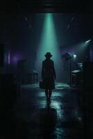 a woman in a hat and coat walks through a dark room photo