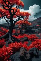 a red tree in the middle of a desert photo