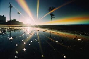 a close up of a shiny surface with a reflection of the sun photo