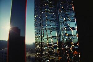 a view of the city through a window with a reflection of the sun photo