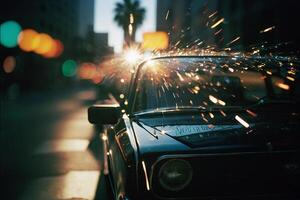 a car with sparks flying out of the windshield photo