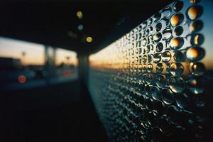 a wall with many glass bottles on it photo