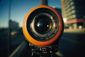 a close up of a camera lens with a city in the background photo