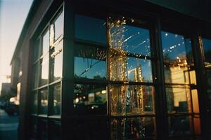 a window with lights on it and a reflection of the street photo