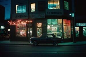 un coche es estacionado en frente de un Tienda a noche foto